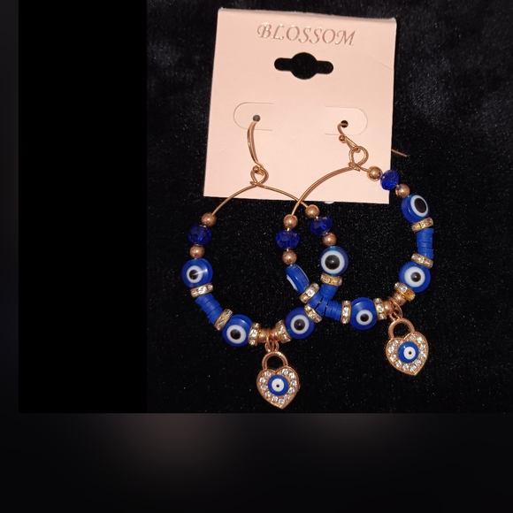 Blossom~Evil Eye Beaded Lightweight Blue and Gold Hoop Earrings NWT - Picture 6 of 8